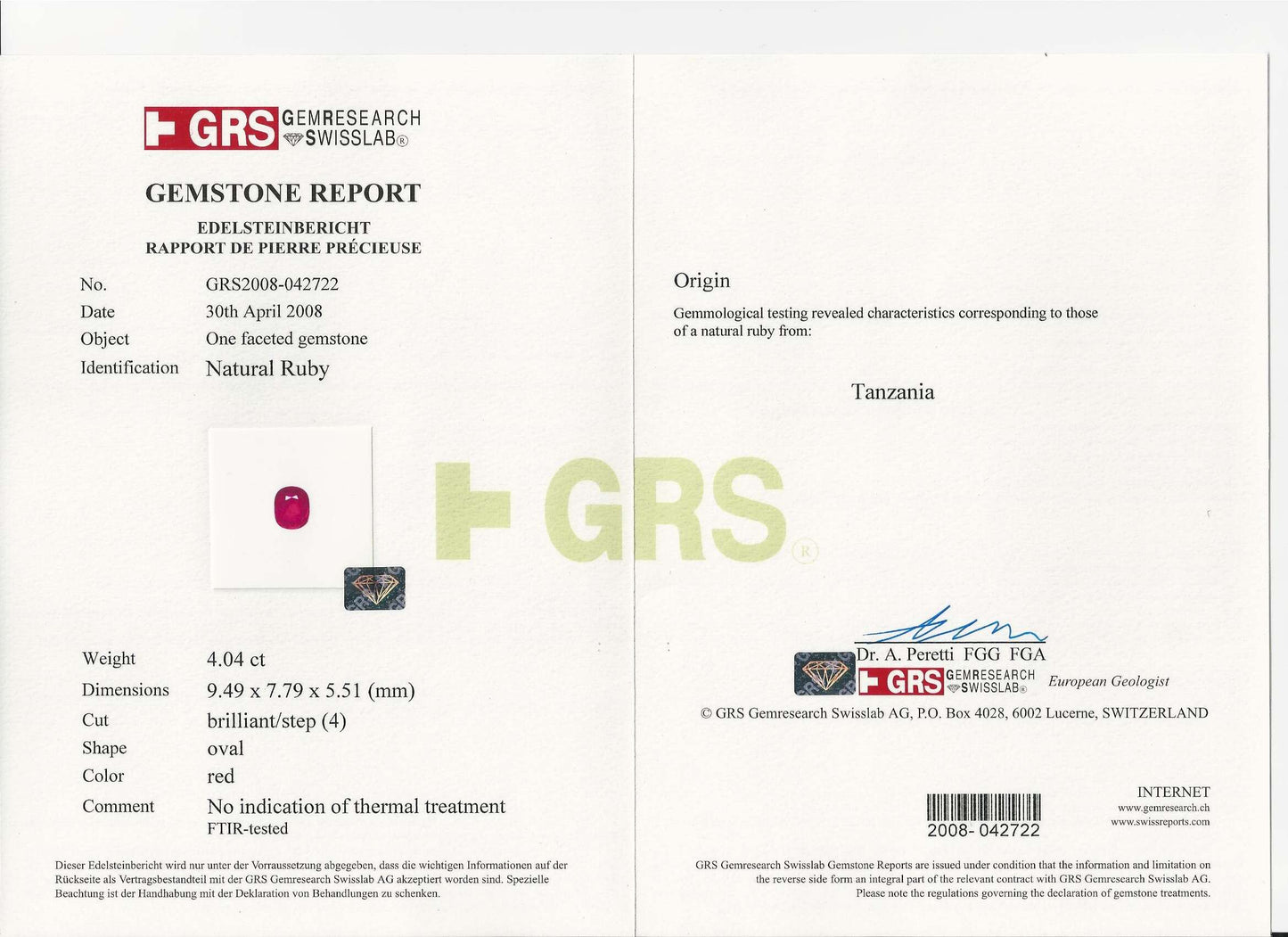 Gemstone report card with GRS logo and gemstone details on a white background