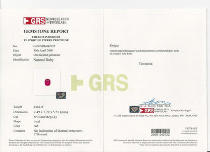 Gemstone report card with GRS logo and gemstone details on a white background