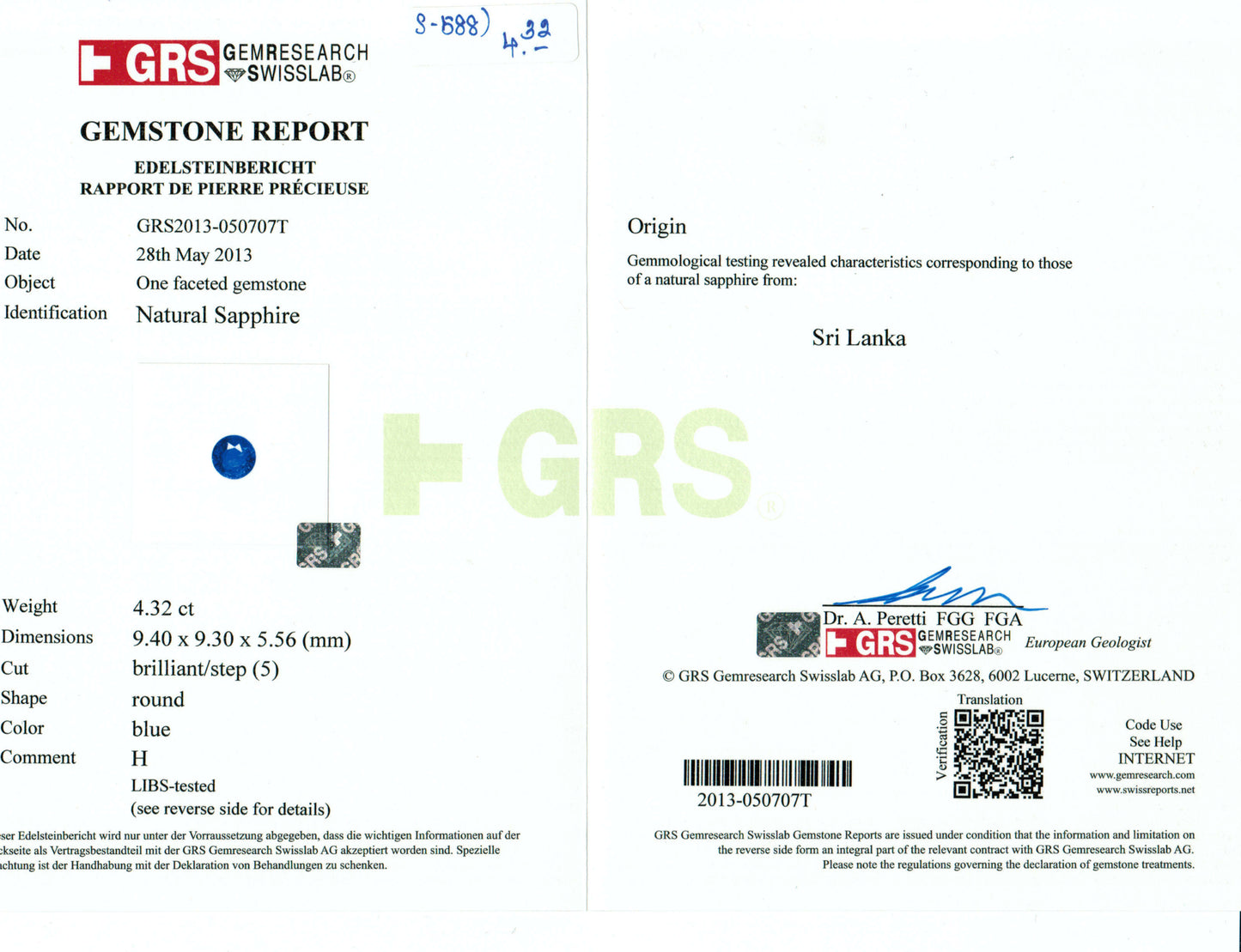 4.32 Carat Round Cut Heat Blue Sapphire Loose Gemstone GRS Certificate