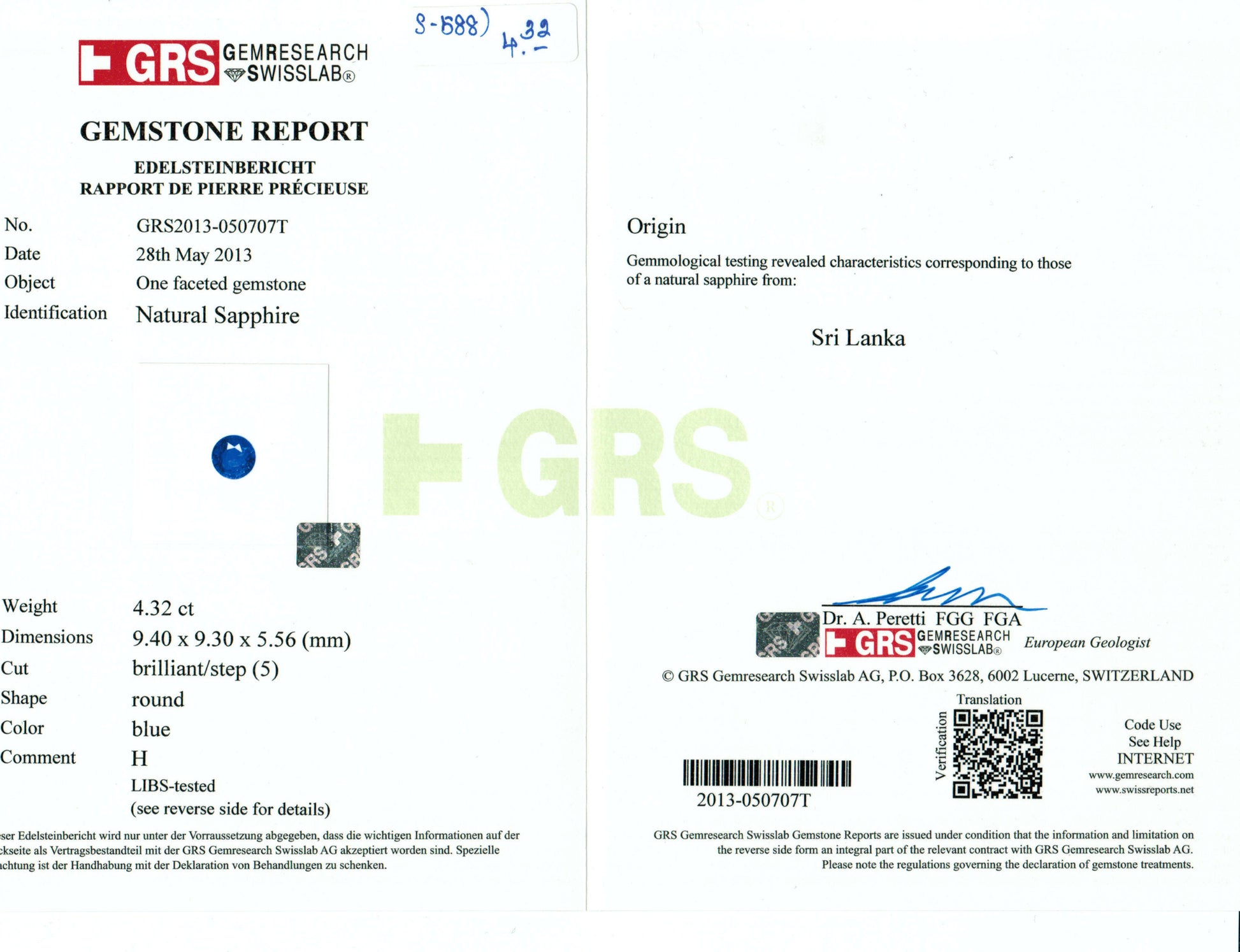 4.32 Carat Round Cut Heat Blue Sapphire Loose Gemstone GRS Certificate