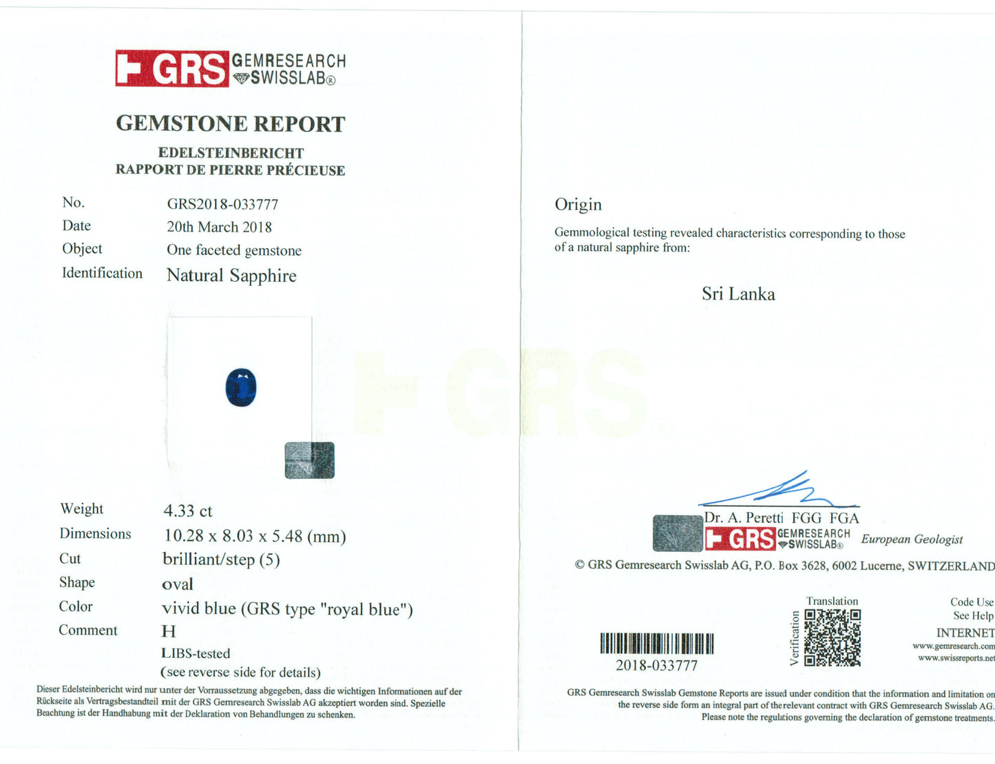 4.33 Carat Oval Cut Heat Blue Sapphire Loose Gemstone GRS Certificate