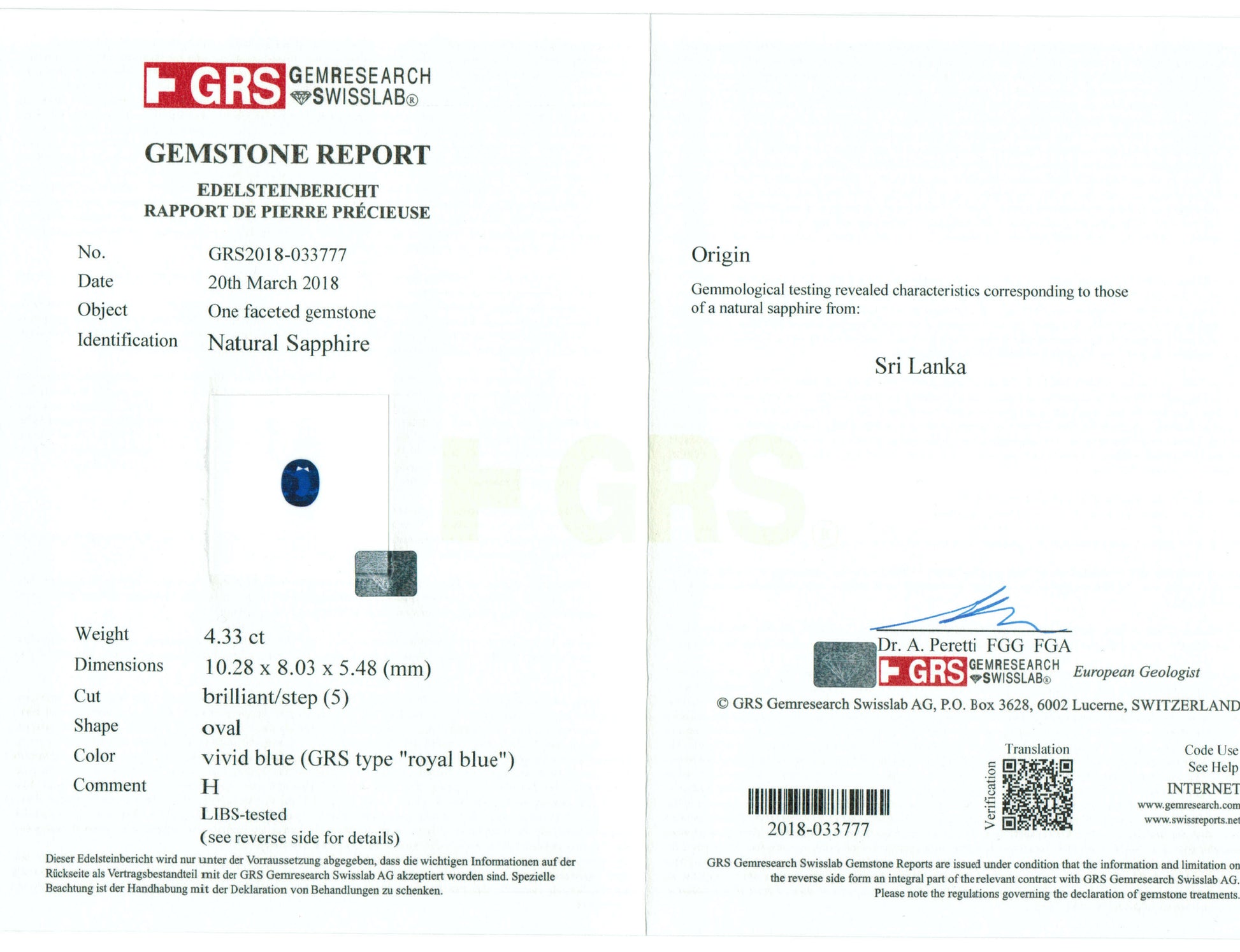 4.33 Carat Oval Cut Heat Blue Sapphire Loose Gemstone GRS Certificate