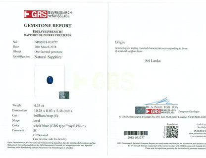 4.33 Carat Oval Cut Heat Blue Sapphire Loose Gemstone GRS Certificate