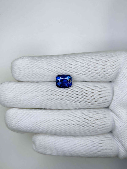 4.47 Carat Cushion Cut Heat Blue Sapphire Loose Gemstone On Hand