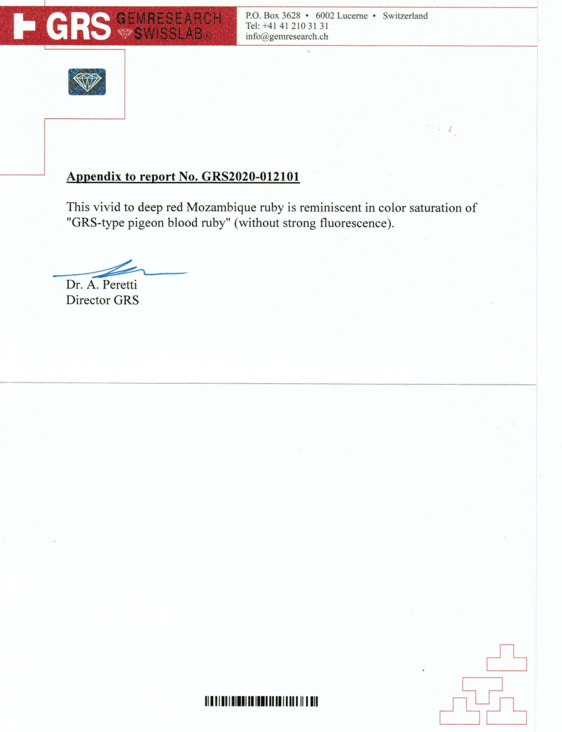 Document with GRS logo and text about a ruby, on a white background