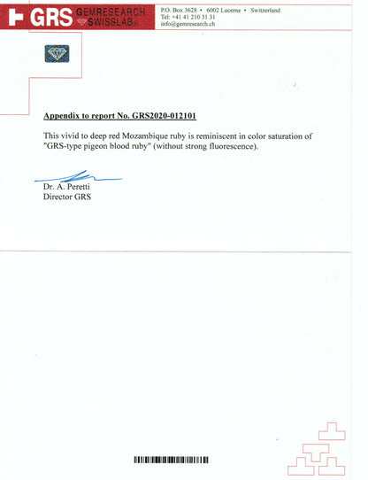 Document with GRS logo and text about a ruby, on a white background
