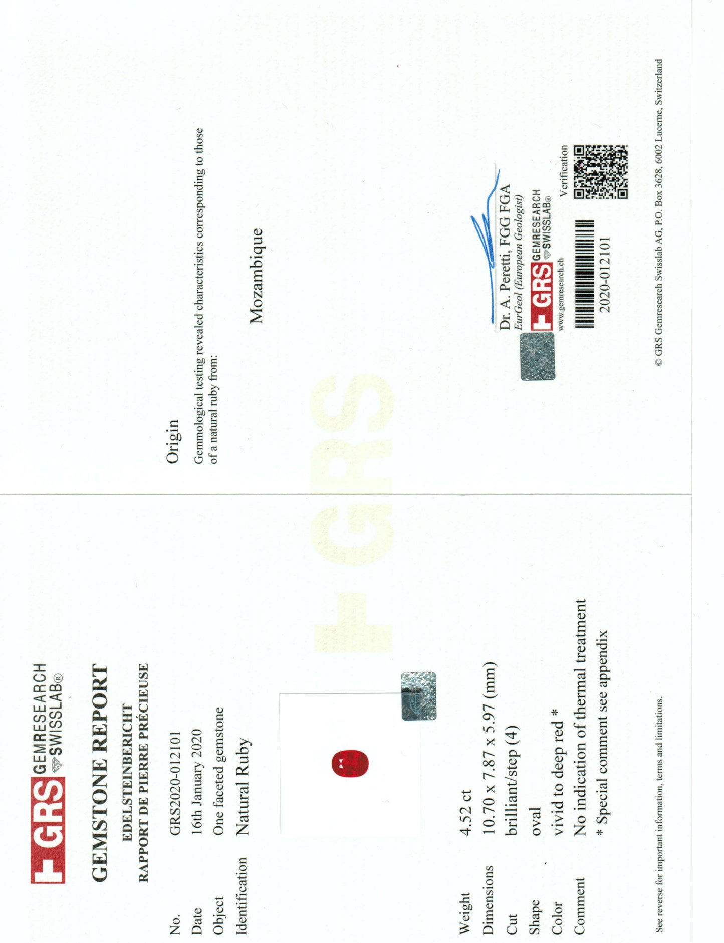 Gemstone report with GRS logo and text on a white background