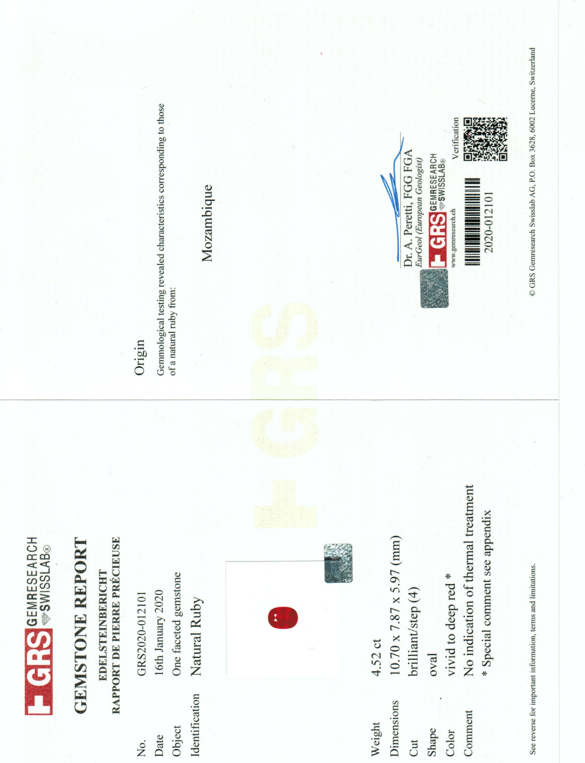 Gemstone report with GRS logo and text on a white background