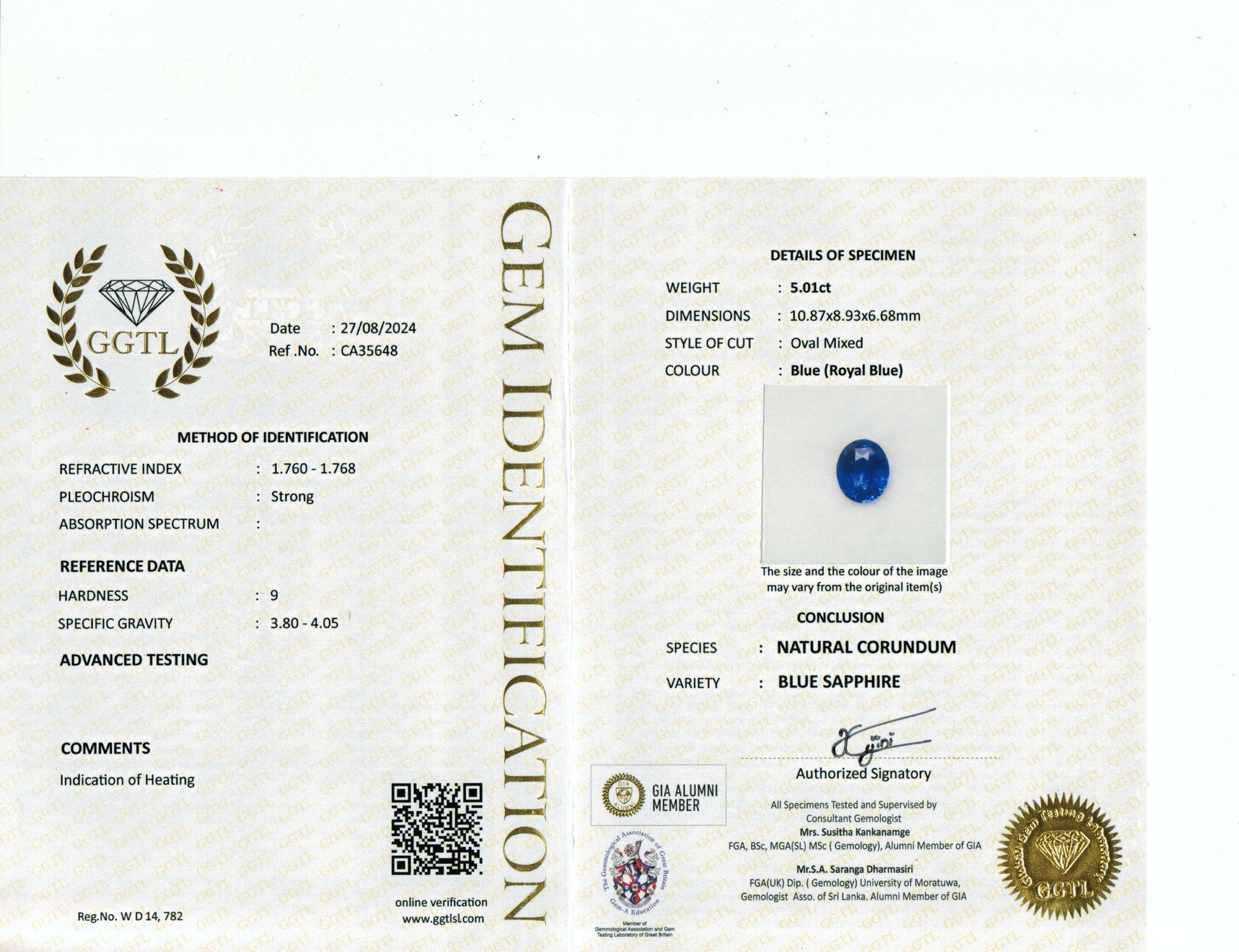 5.02 Carat Oval Cut Heat Royal Blue Sapphire Loose Gemstone GGTL Certificate