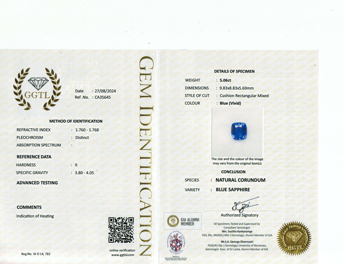 5.06 Carat Cushion Cut Heat Medium Blue Sapphire Loose Gemstone GGTL Certificate