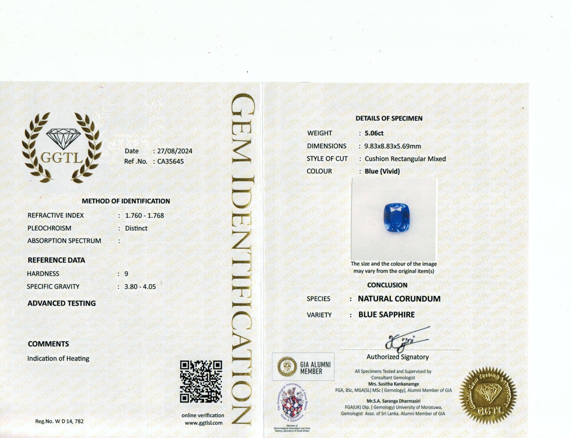 5.06 Carat Cushion Cut Heat Medium Blue Sapphire Loose Gemstone GGTL Certificate