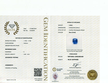 5.06 Carat Cushion Cut Heat Medium Blue Sapphire Loose Gemstone GGTL Certificate