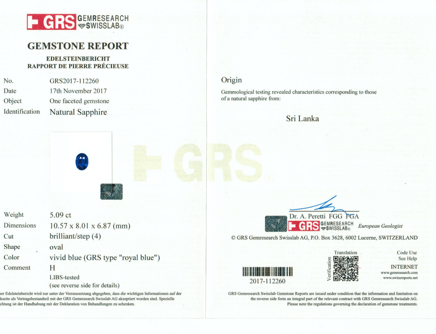 5.09 Carat Oval Cut Heat Royal Blue Sapphire Loose Gemstone GRS Certification