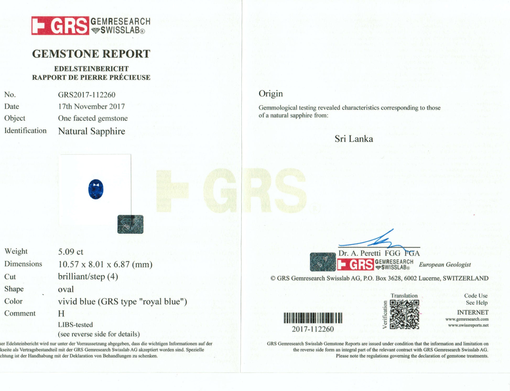 5.09 Carat Oval Cut Heat Royal Blue Sapphire Loose Gemstone GRS Certification