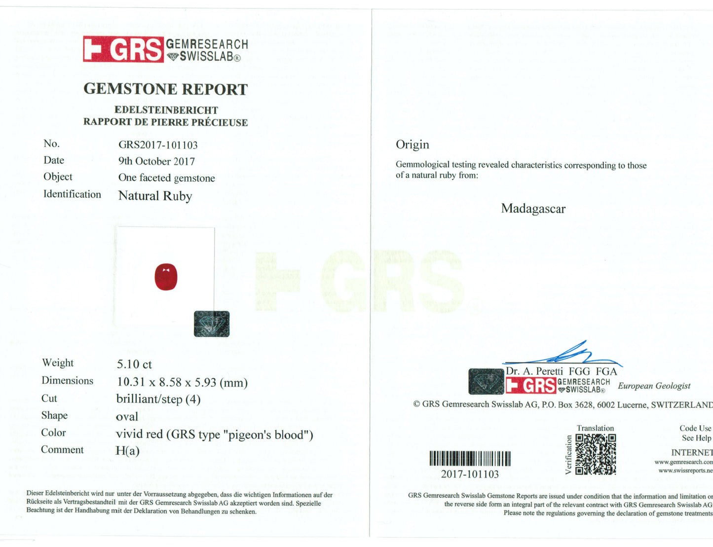 5.10 Carats Oval Cut Heat Pigeon Blood Red Ruby Loose Gemstone GRS Certificate