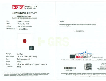 5.10 Carats Oval Cut Heat Pigeon Blood Red Ruby Loose Gemstone GRS Certificate