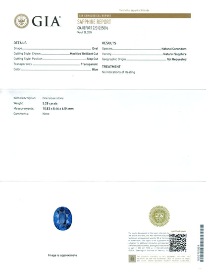 5.28 Carat Oval Cut No Heat Medium Blue Sapphire Loose Gemstone GIA Certified Certification