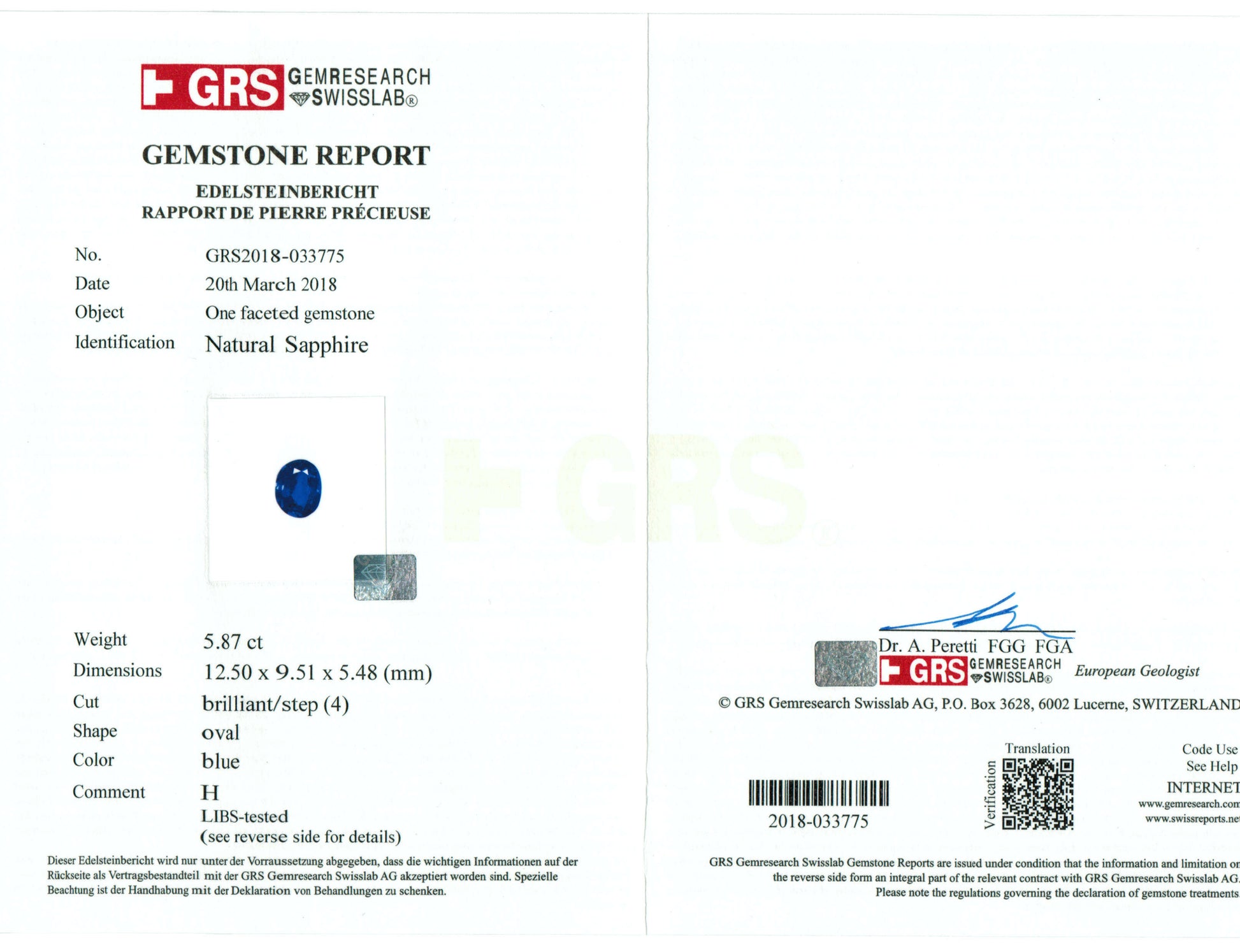 5.87 Carat Oval Cut Heat Medium Blue Sapphire Loose Gemstone GRS Certificate