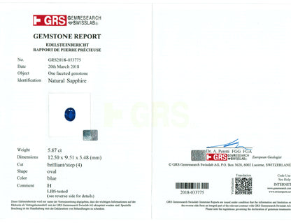 5.87 Carat Oval Cut Heat Medium Blue Sapphire Loose Gemstone GRS Certificate