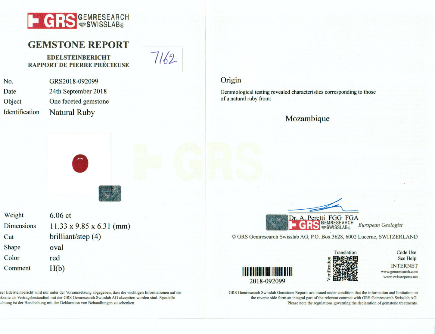 6.06 Carats Oval Cut Heat Red Ruby Loose Gemstone GRS Certificate