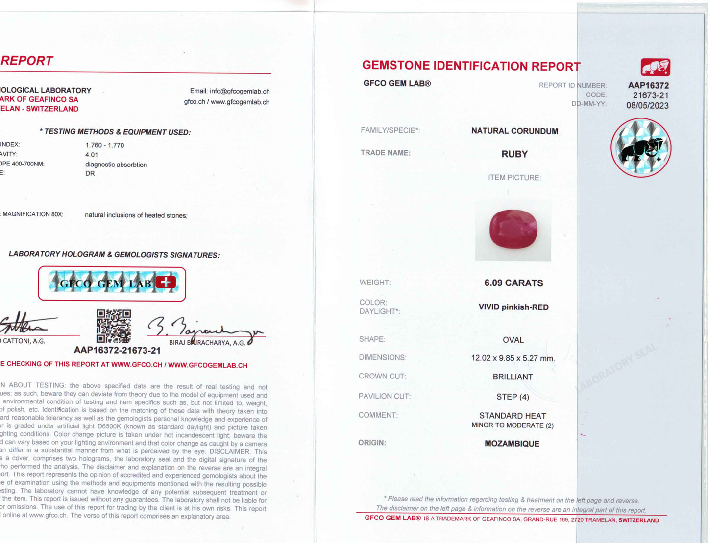 6.09 Carats Oval Cut Heat Vivid Pinkish Red Ruby Loose Gemstone GFCO Certification