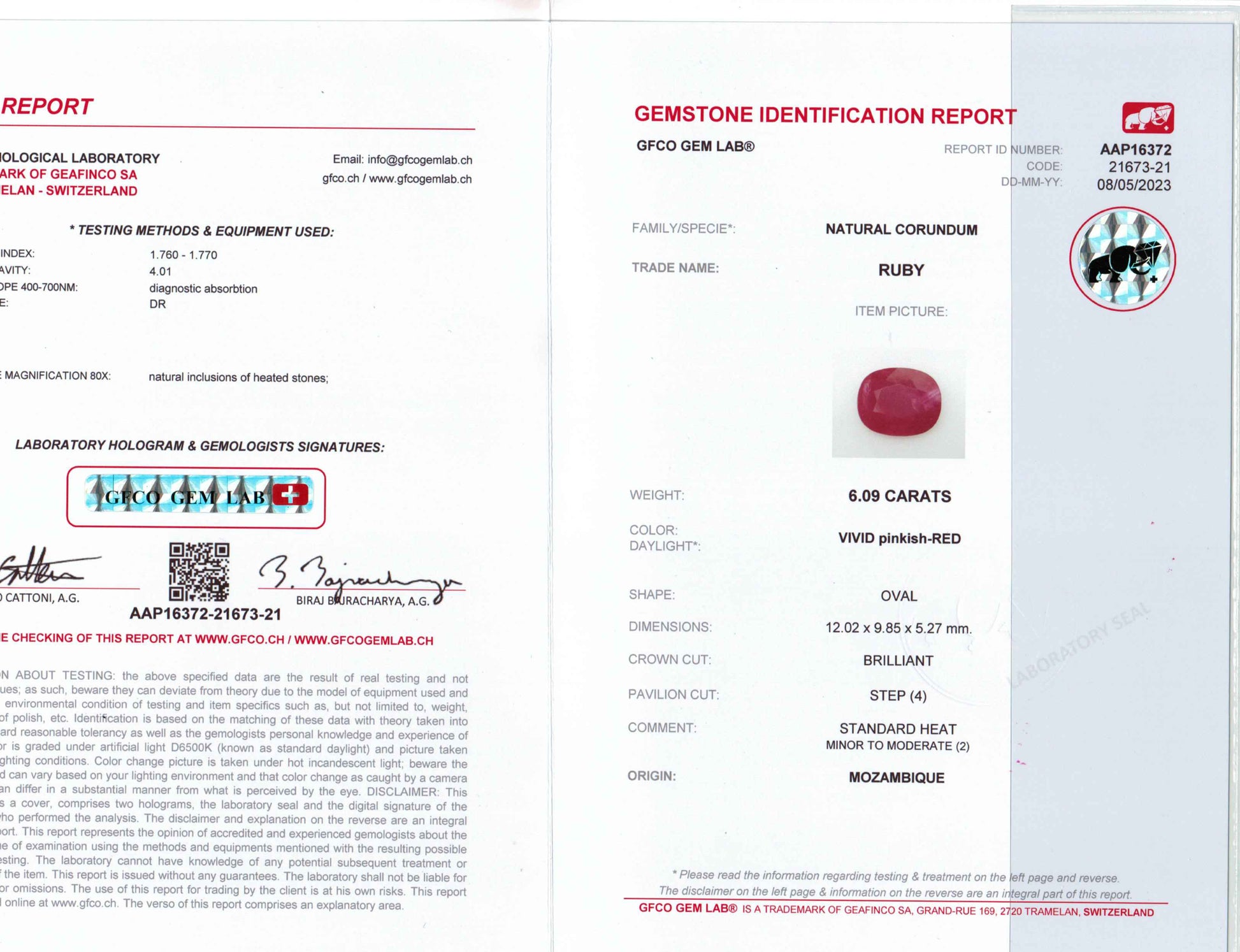 6.09 Carats Oval Cut Heat Vivid Pinkish Red Ruby Loose Gemstone GFCO Certification