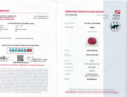 6.09 Carats Oval Cut Heat Vivid Pinkish Red Ruby Loose Gemstone GFCO Certification