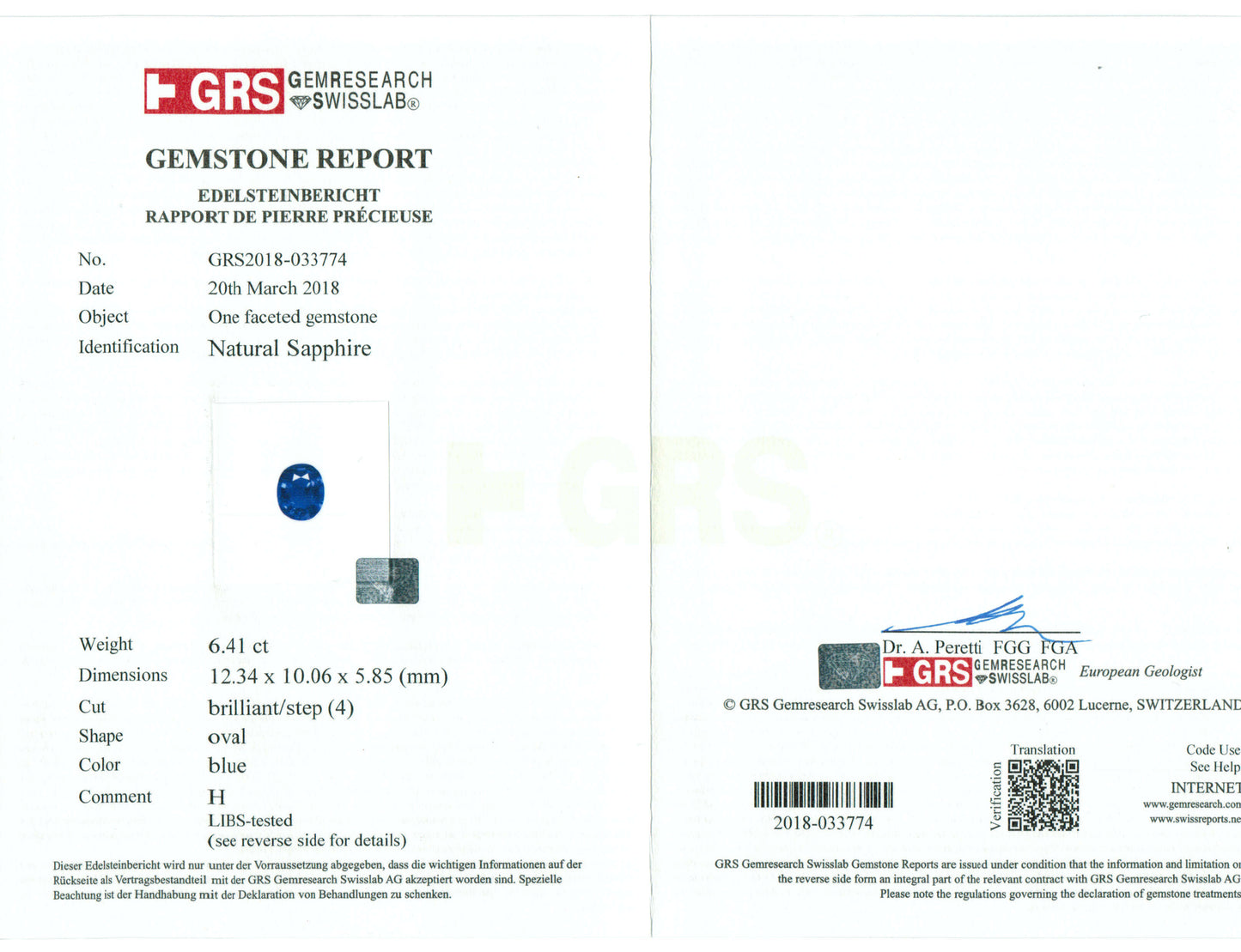 6.41 Carat Oval Cut Heat Medium Blue Sapphire Loose Gemstone GRS Certificate