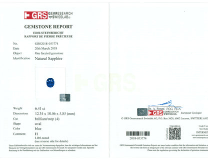 6.41 Carat Oval Cut Heat Medium Blue Sapphire Loose Gemstone GRS Certificate