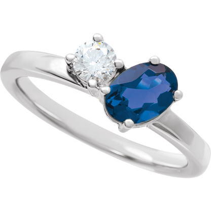 Lolly 7 x 5 mm Lab Grown Blue Sapphire and 0.25 Carat Diamond Two Stone Ring in 14k White Gold