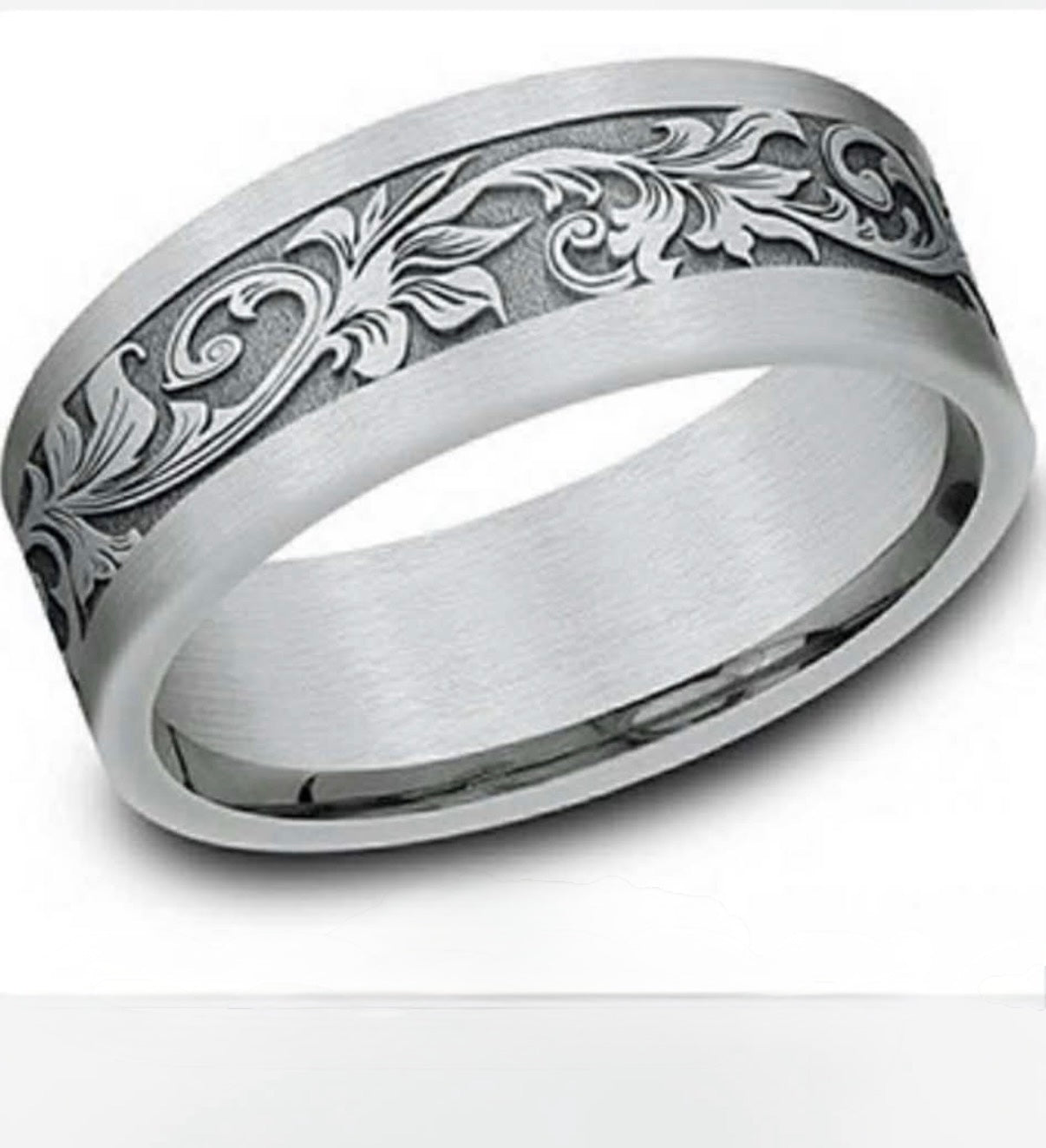 Men’s bedding band with floral design, 10kt white gold 7 mm size 13