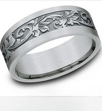 Men’s bedding band with floral design, 10kt white gold 7 mm size 13