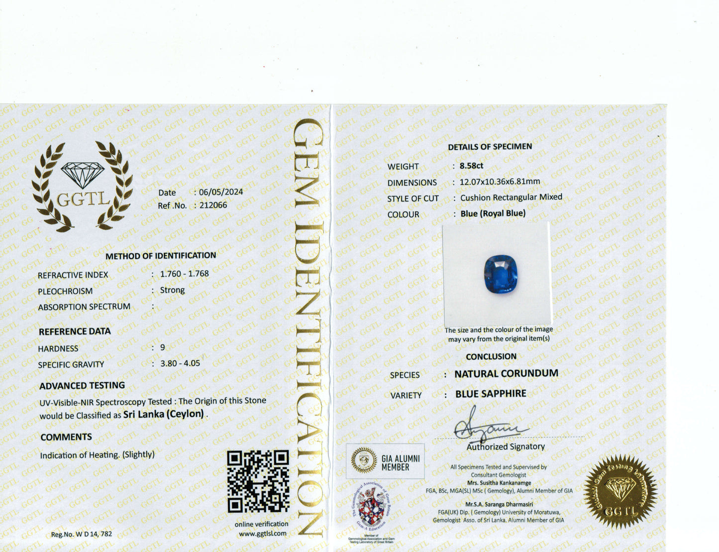 8.58 Carat Cushion Cut Heat Medium Blue Sapphire Loose Gemstone GGTL Certificate