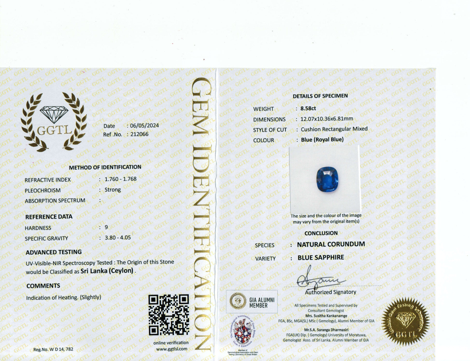 8.58 Carat Cushion Cut Heat Medium Blue Sapphire Loose Gemstone GGTL Certificate