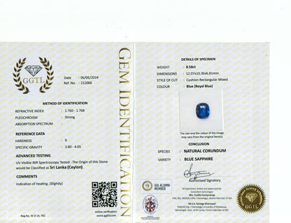 8.58 Carat Cushion Cut Heat Medium Blue Sapphire Loose Gemstone GGTL Certificate