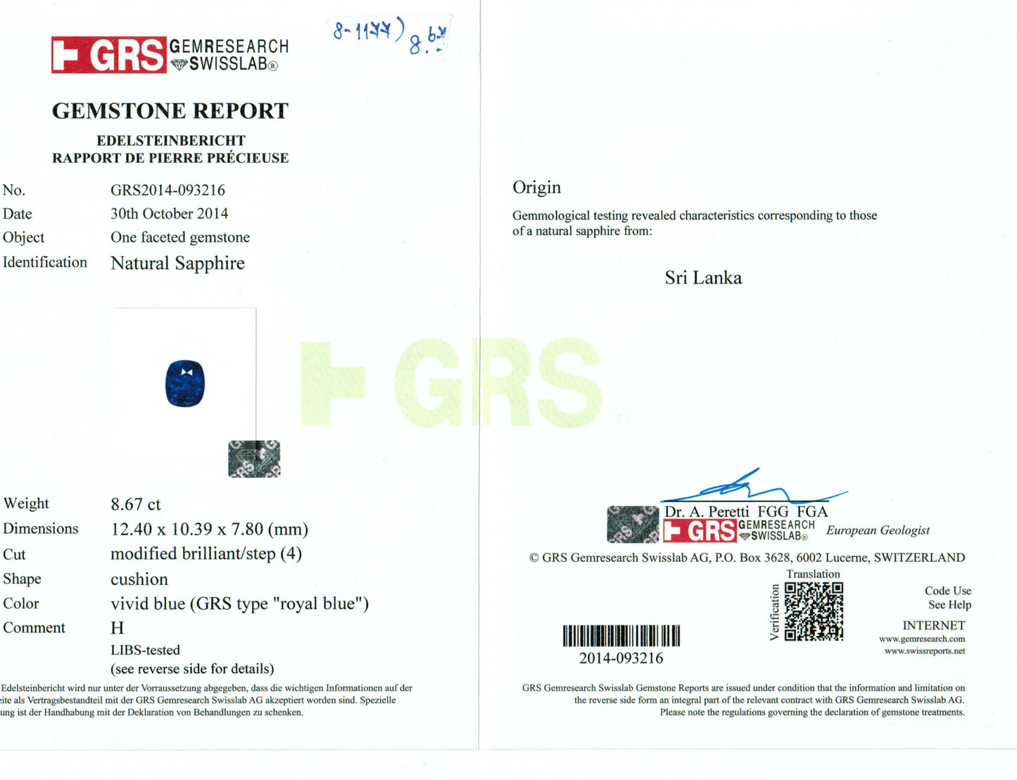 8.67 Carat Cushion Cut Heat Royal Blue Sapphire Loose Gemstone GRS Certificate