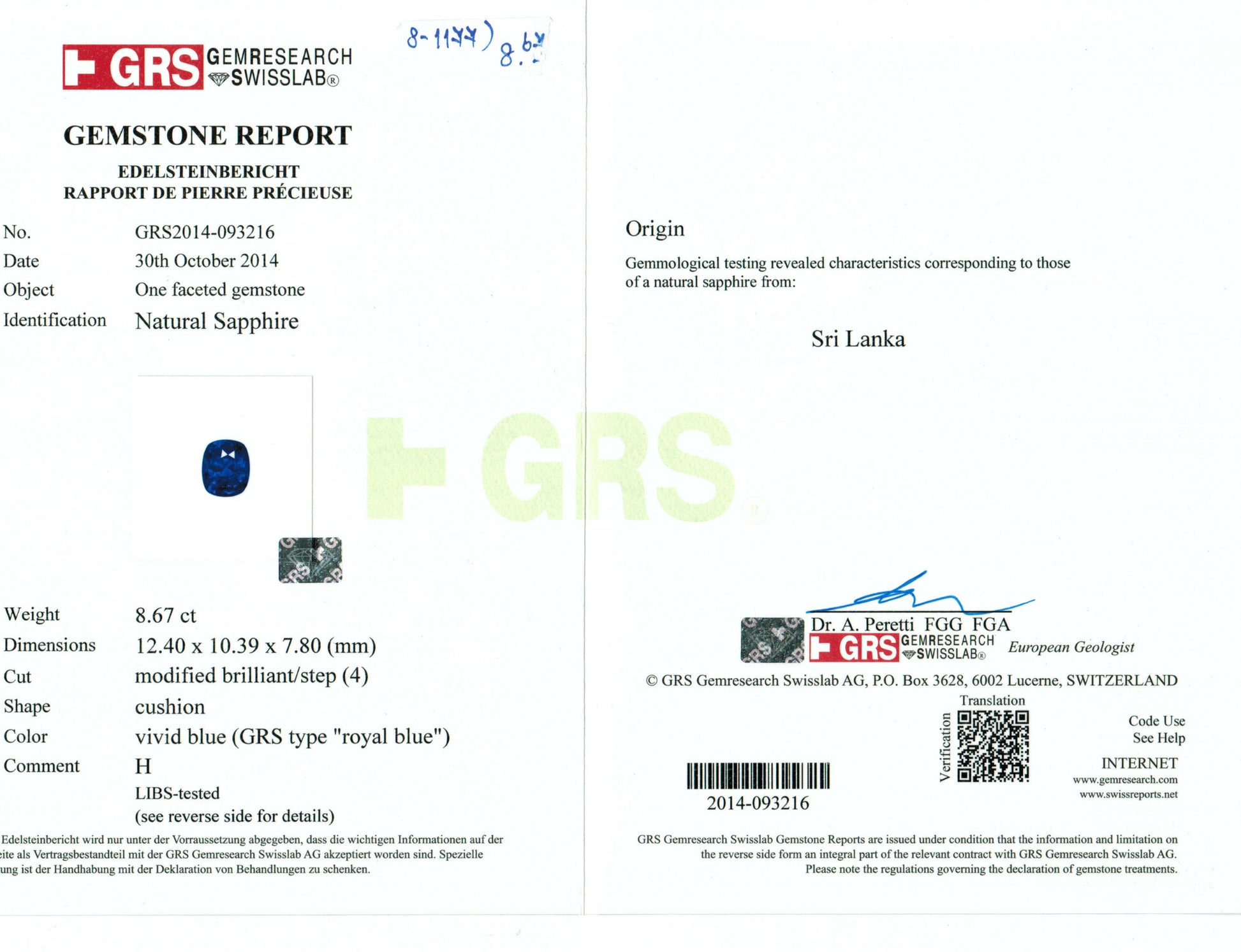 8.67 Carat Cushion Cut Heat Royal Blue Sapphire Loose Gemstone GRS Certificate