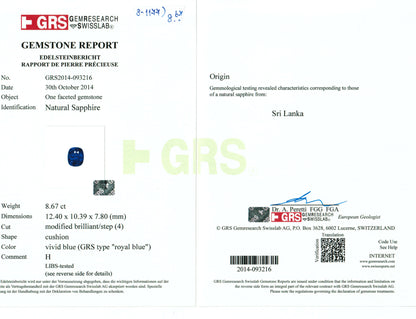 8.67 Carat Cushion Cut Heat Royal Blue Sapphire Loose Gemstone GRS Certificate