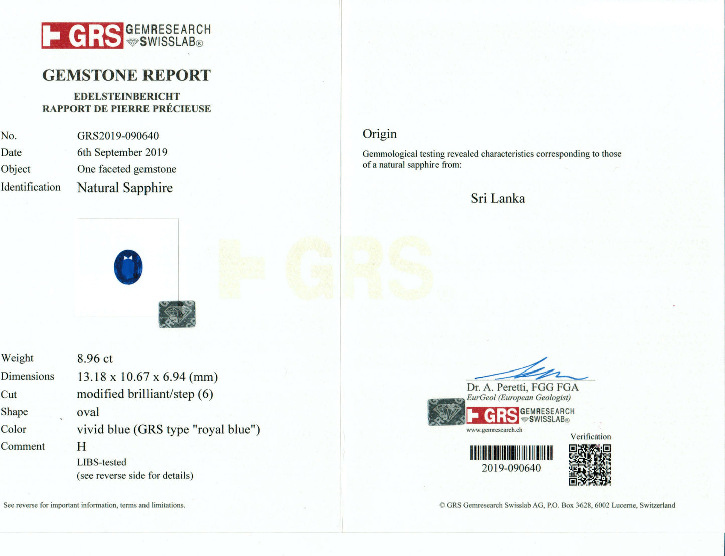 Gemstone report with GRS logo and text on a white background