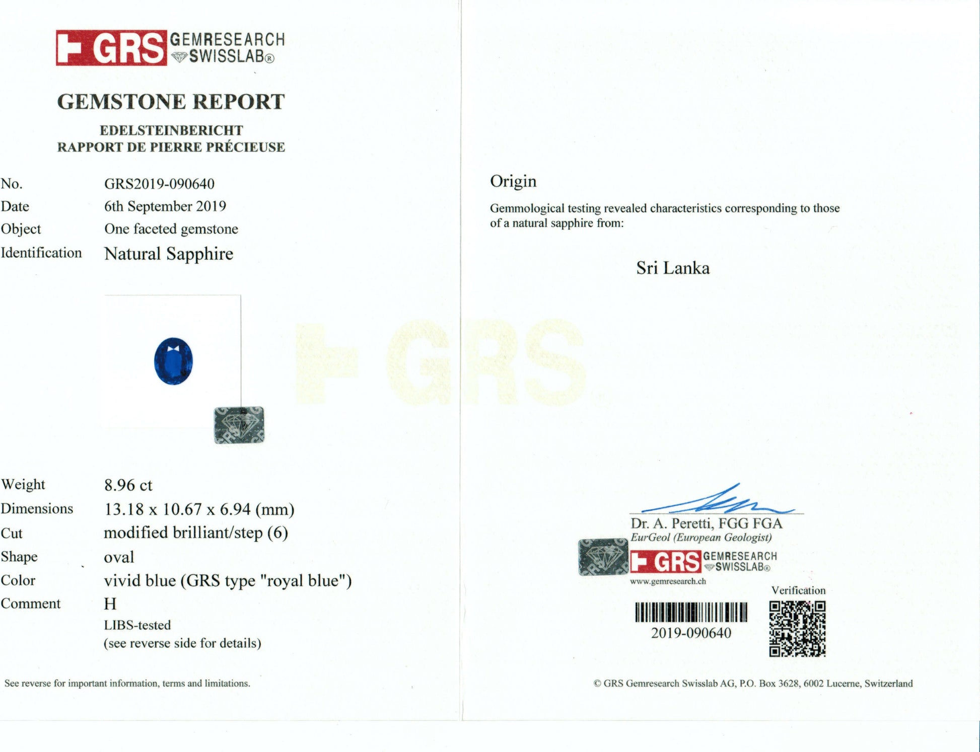 Gemstone report with GRS logo and text on a white background