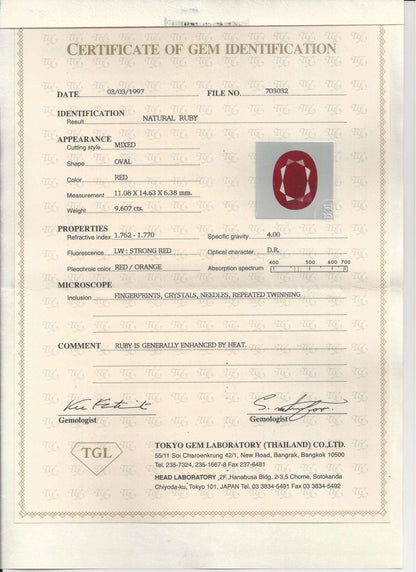 9.60 Carats Oval Cut Heat Pinkish Red Ruby Loose Gemstone TGL Certificate