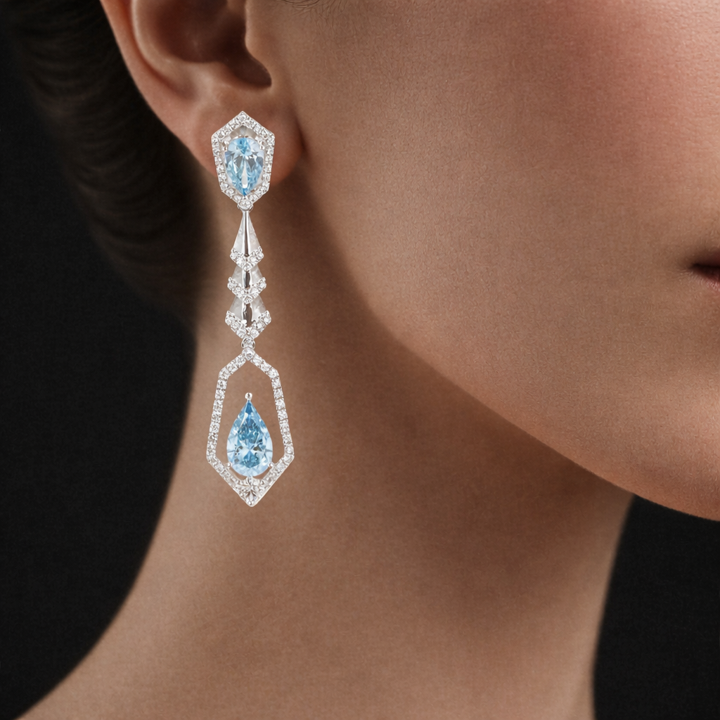 Adalee 6 Carats Long Lab Grown Earrings Fancy Vivid Blue Diamond Geometric Drop Earrings in 18K White Gold