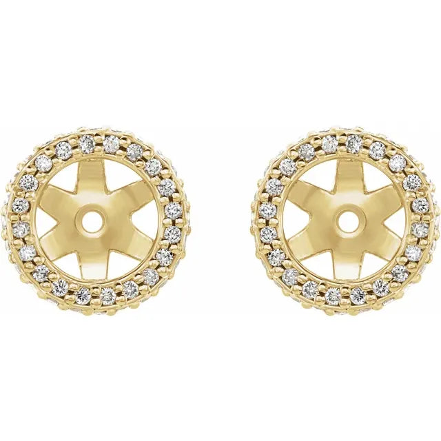 Gold earrings with diamond accents on a white background