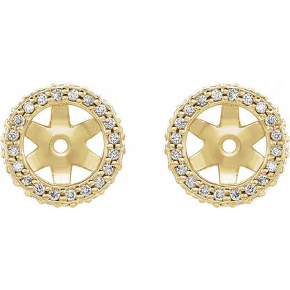 Gold earrings with diamond accents on a white background