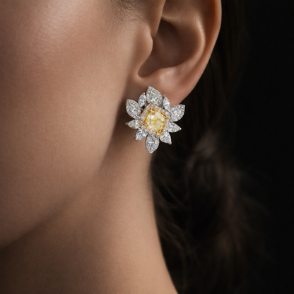Alisson 5 Carats Cushion Cut Fancy Yellow Diamond Stud Earrings in 14K White Gold On Ear