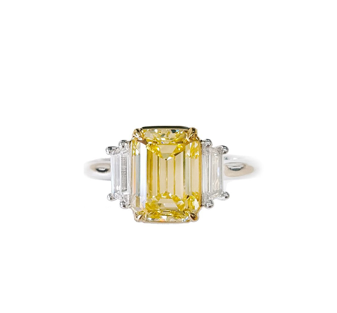 Amaris 3 Carat Fancy Yellow VS1 Emerald Cut Three Stone Diamond Engagement Ring GIA