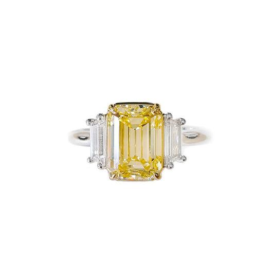 Amaris 3 Carat Fancy Yellow VS1 Emerald Cut Three Stone Diamond Engagement Ring GIA