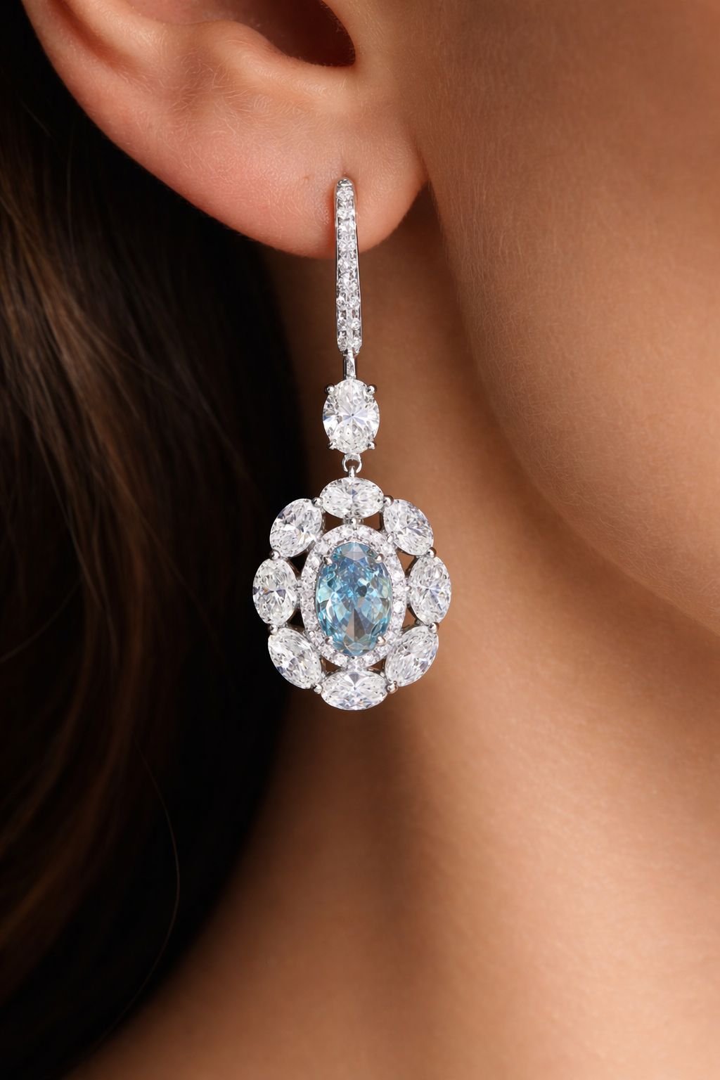 Amelie 13 Carats Oval Cut Lab Grown Fancy Vivid Blue Diamond Drop Earrings in 14K White Gold