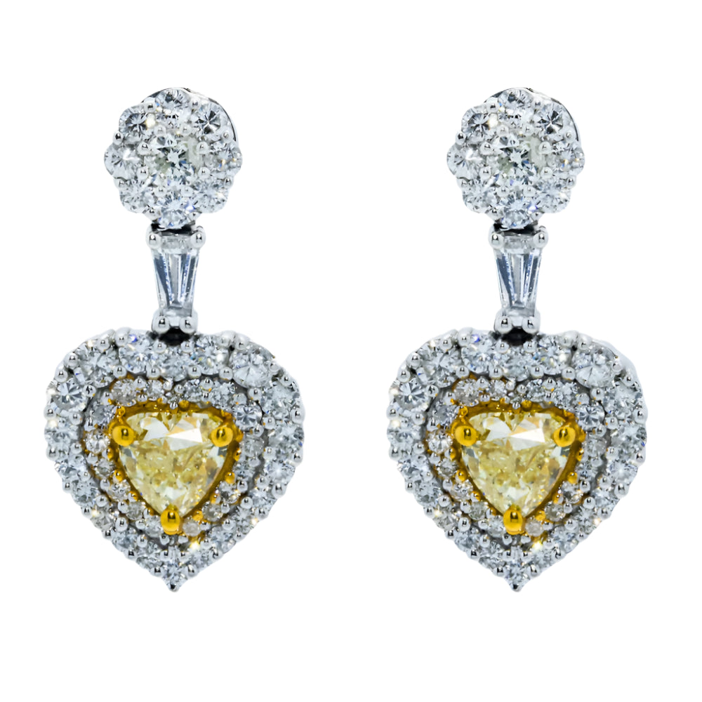 Armida 3 Carats Heart Cut Fancy Yellow Diamond Drop Earrings in 14K White Gold