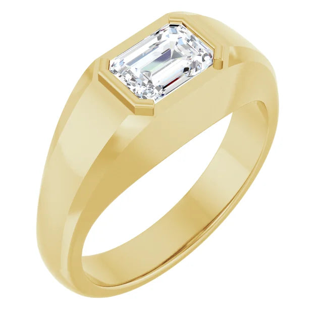 Aurelian 1.21 Carat and 1.01 Carat Emerald Cut Diamond Solitaire Bezel Men's Band in 14k Yellow Gold Side